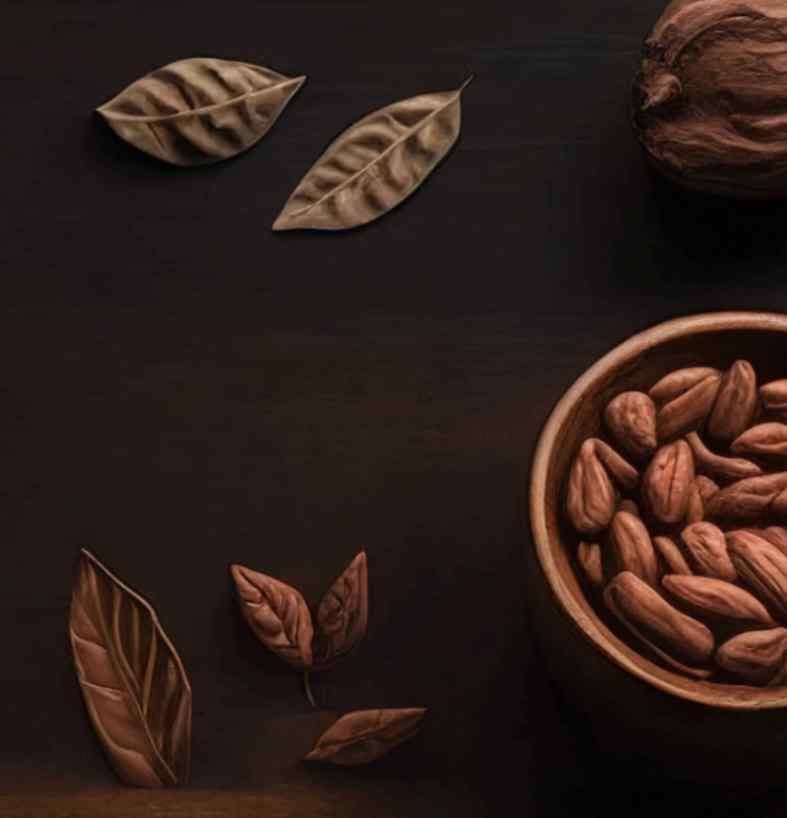 Cacao beans and pods on a dark table